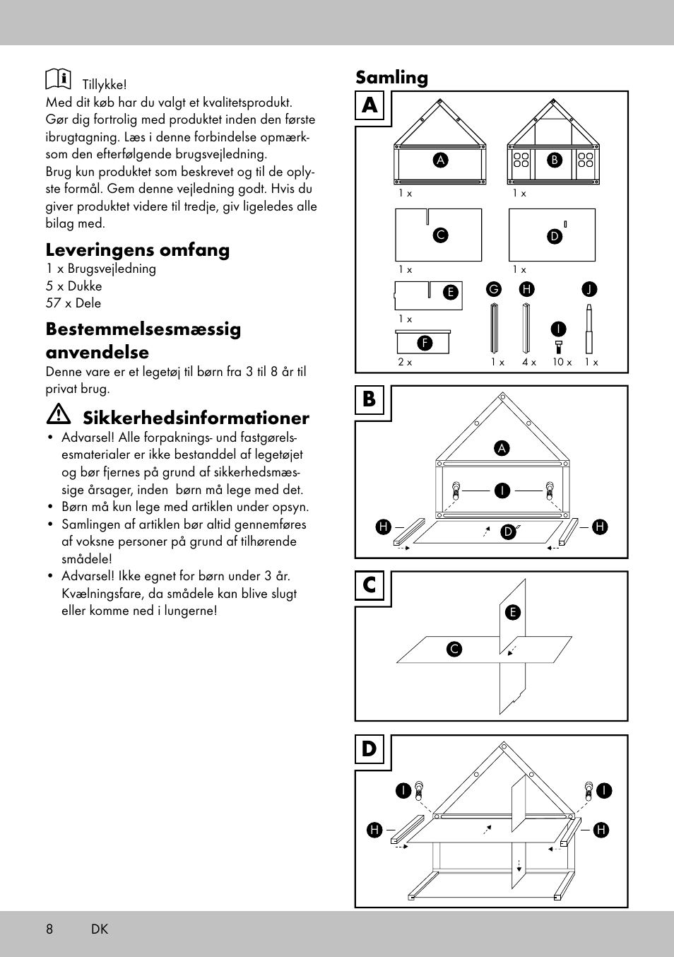 Bc d a, Leveringens omfang, Bestemmelsesmæssig anvendelse | Sikkerhedsinformationer, Samling | Playtive Doll‘s House User Manual | Page 8 / 16