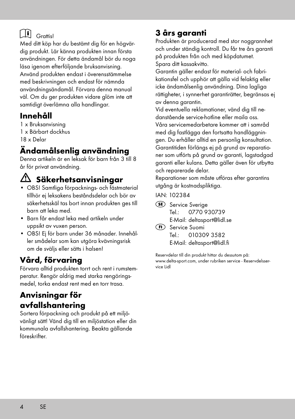 Innehåll, Ändamålsenlig användning, Säkerhetsanvisningar | Vård, förvaring, Anvisningar för avfallshantering, 3 års garanti | Playtive PORTABLE DOLL‘S HOUSE User Manual | Page 4 / 12
