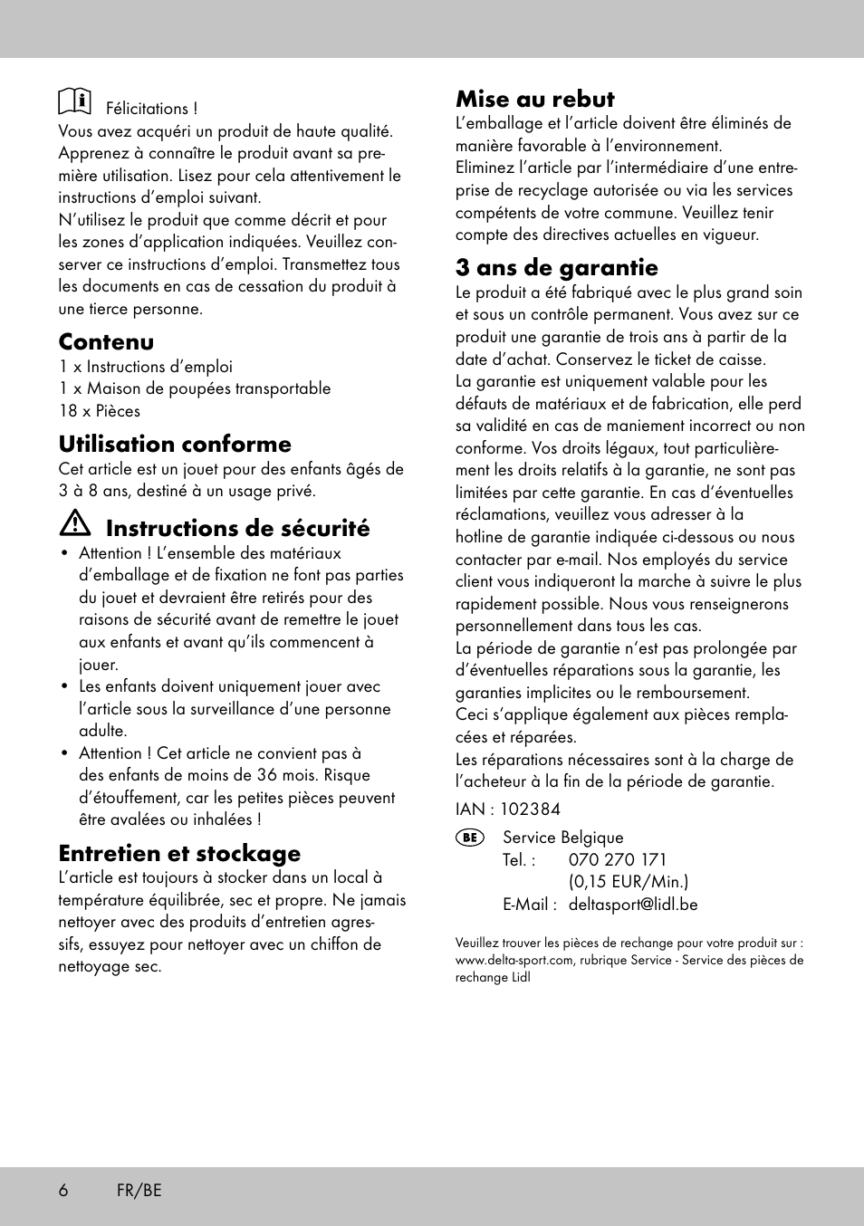 Contenu, Utilisation conforme, Instructions de sécurité | Entretien et stockage, Mise au rebut, 3 ans de garantie | Playtive PORTABLE DOLL‘S HOUSE User Manual | Page 6 / 12