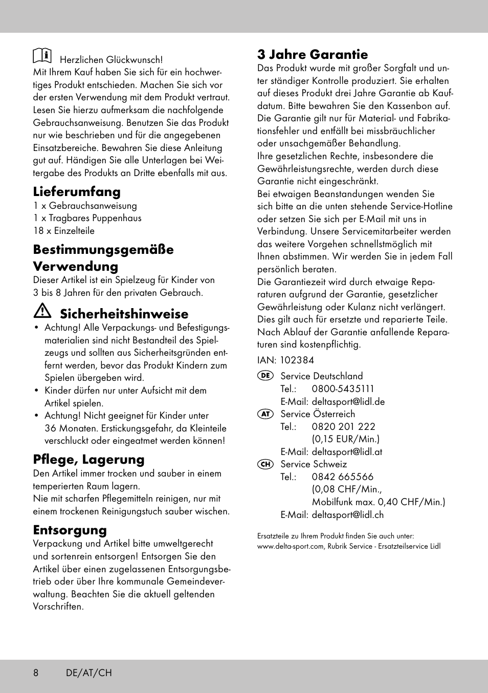 Lieferumfang, Bestimmungsgemäße verwendung, Sicherheitshinweise | Pflege, lagerung, Entsorgung, 3 jahre garantie | Playtive PORTABLE DOLL‘S HOUSE User Manual | Page 8 / 12