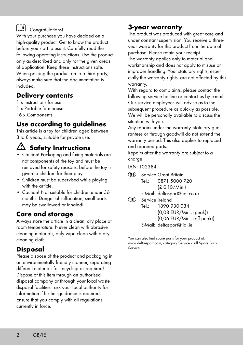 Delivery contents, Use according to guidelines, Safety instructions | Care and storage, Disposal, Year warranty | Playtive Portable farmhouse User Manual | Page 2 / 12