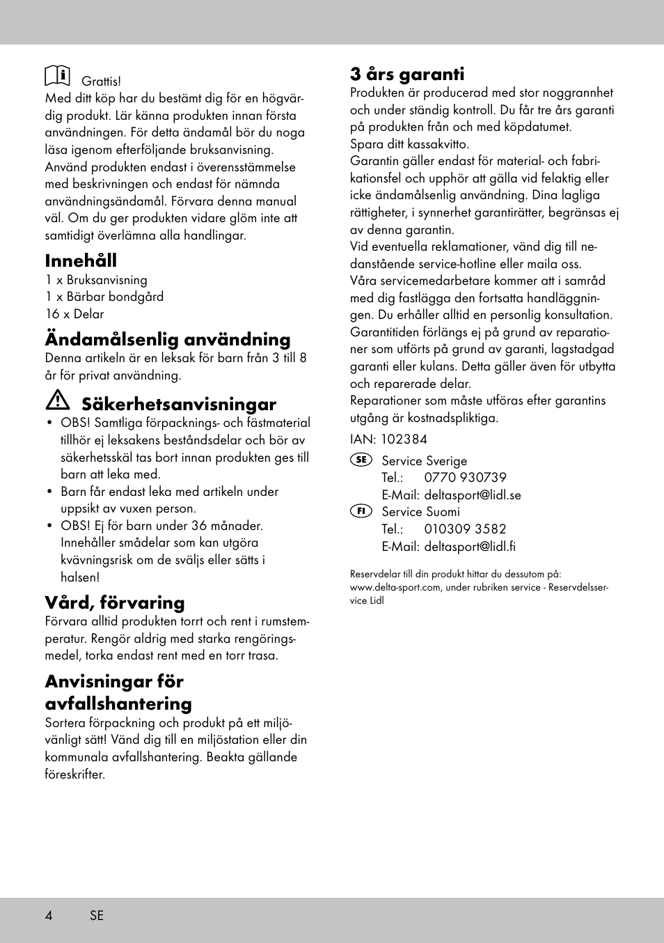 Innehåll, Ändamålsenlig användning, Säkerhetsanvisningar | Vård, förvaring, Anvisningar för avfallshantering, 3 års garanti | Playtive Portable farmhouse User Manual | Page 4 / 12