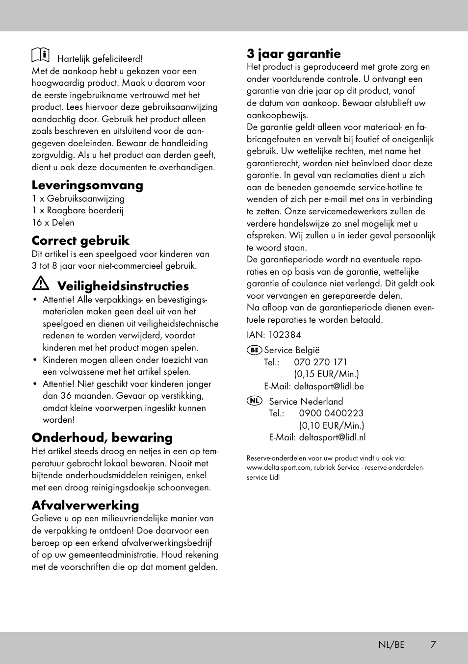 Leveringsomvang, Correct gebruik, Veiligheidsinstructies | Onderhoud, bewaring, Afvalverwerking, 3 jaar garantie | Playtive Portable farmhouse User Manual | Page 7 / 12