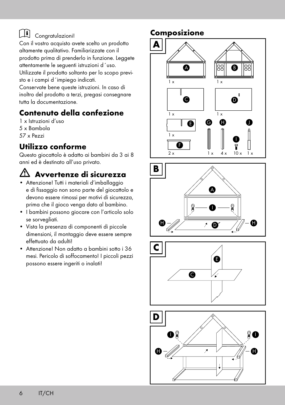 Bc d a, Contenuto della confezione, Utilizzo conforme | Avvertenze di sicurezza, Composizione | Playtive Doll‘s House User Manual | Page 6 / 12