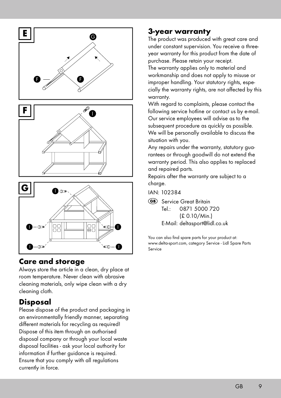 Fe g, Year warranty, Care and storage | Disposal | Playtive Doll‘s House User Manual | Page 9 / 12