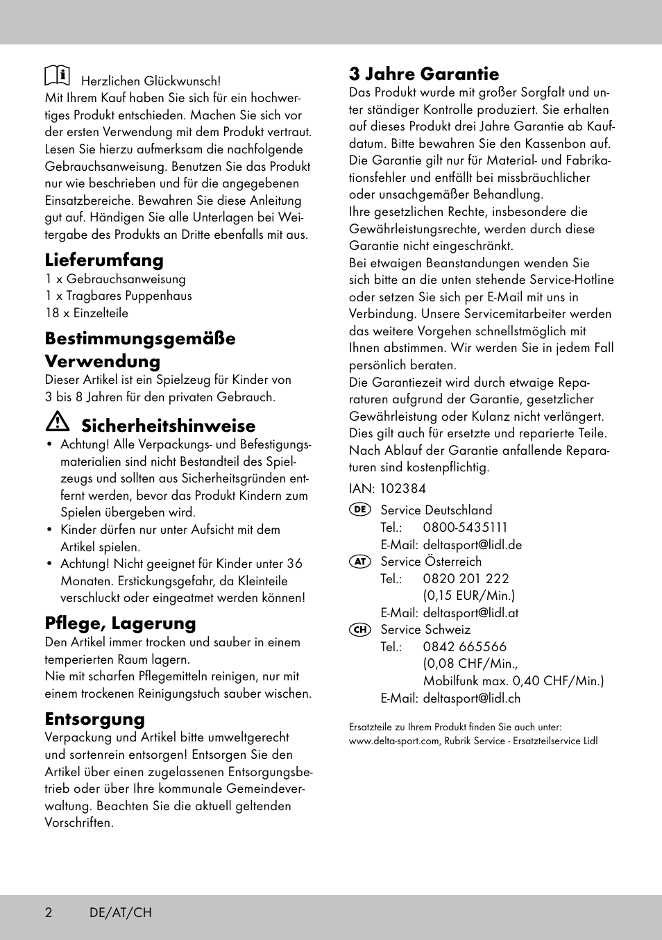 Lieferumfang, Bestimmungsgemäße verwendung, Sicherheitshinweise | Pflege, lagerung, Entsorgung, 3 jahre garantie | Playtive PORTABLE DOLL‘S HOUSE User Manual | Page 2 / 8