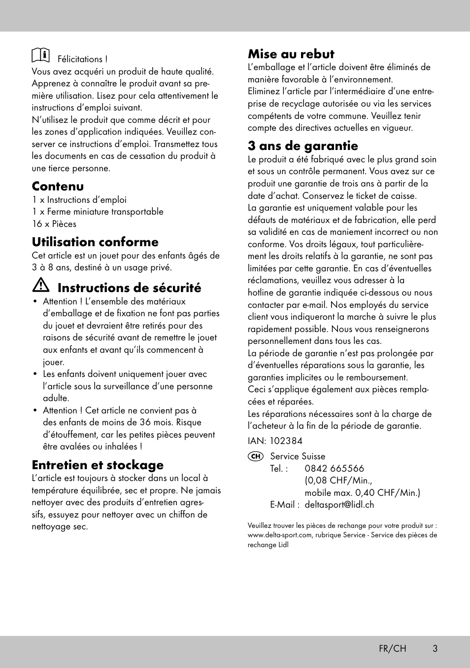 Contenu, Utilisation conforme, Instructions de sécurité | Entretien et stockage, Mise au rebut, 3 ans de garantie | Playtive Portable farmhouse User Manual | Page 3 / 8