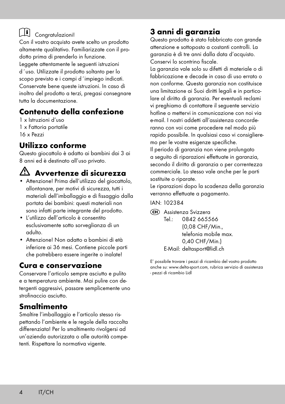 Contenuto della confezione, Utilizzo conforme, Avvertenze di sicurezza | Cura e conservazione, Smaltimento, 3 anni di garanzia | Playtive Portable farmhouse User Manual | Page 4 / 8