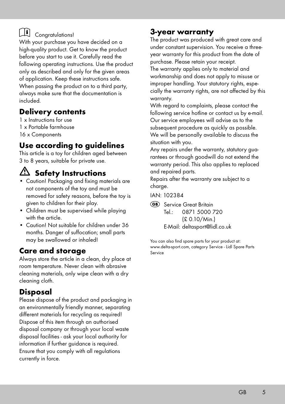 Delivery contents, Use according to guidelines, Safety instructions | Care and storage, Disposal, Year warranty | Playtive Portable farmhouse User Manual | Page 5 / 8
