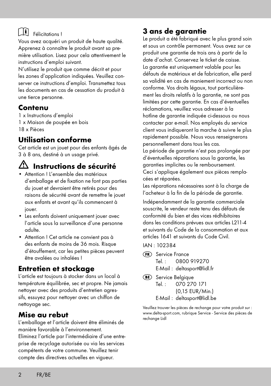 Contenu, Utilisation conforme, Instructions de sécurité | Entretien et stockage, Mise au rebut, 3 ans de garantie | Playtive PORTABLE DOLL‘S HOUSE User Manual | Page 2 / 8