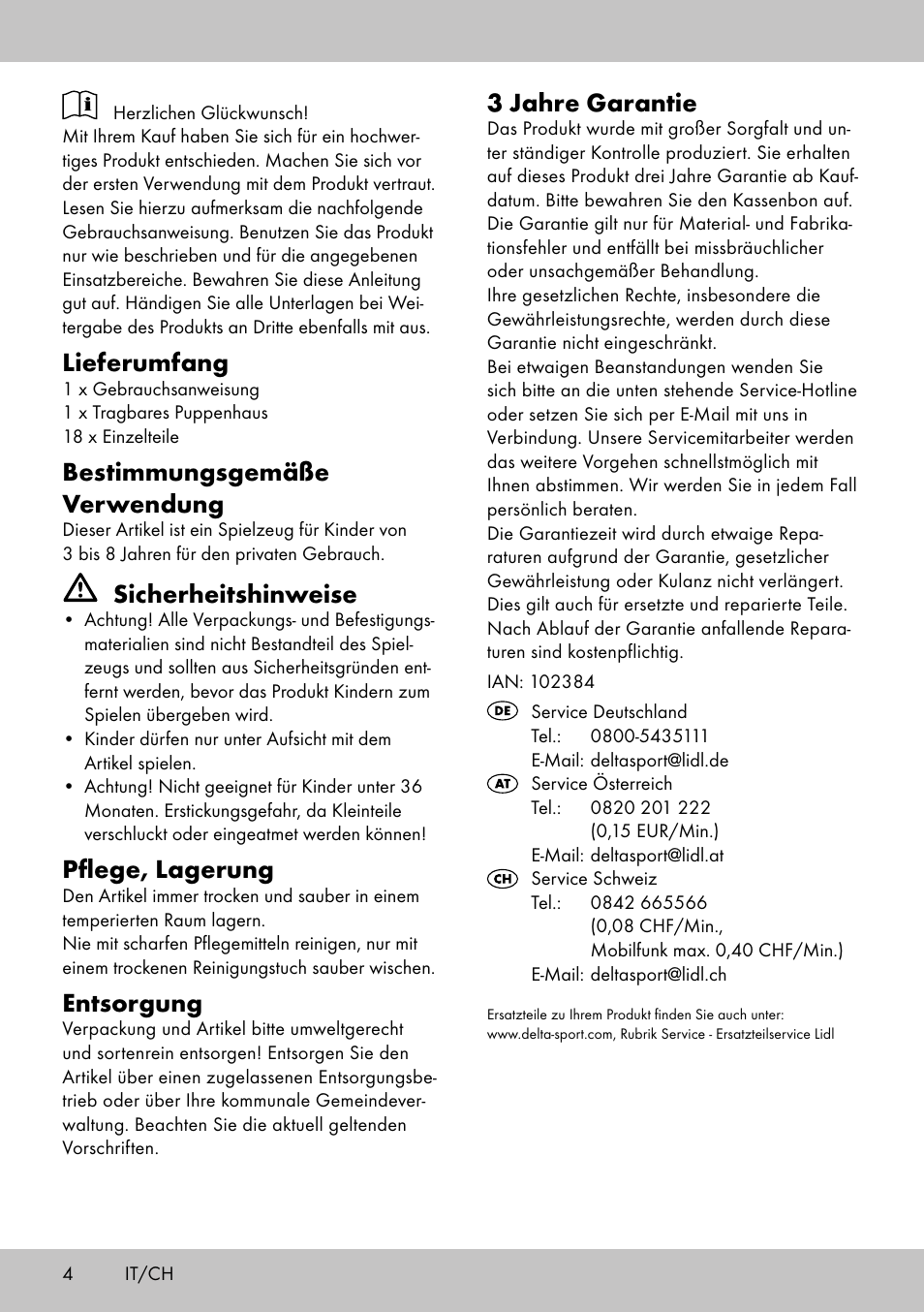 Lieferumfang, Bestimmungsgemäße verwendung, Sicherheitshinweise | Pflege, lagerung, Entsorgung, 3 jahre garantie | Playtive PORTABLE DOLL‘S HOUSE User Manual | Page 4 / 8