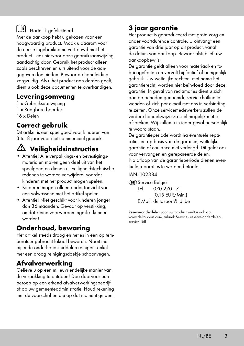 Leveringsomvang, Correct gebruik, Veiligheidsinstructies | Onderhoud, bewaring, Afvalverwerking, 3 jaar garantie | Playtive Portable farmhouse User Manual | Page 3 / 8