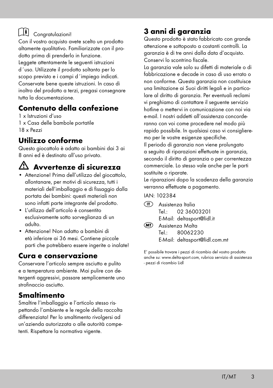 Contenuto della confezione, Utilizzo conforme, Avvertenze di sicurezza | Cura e conservazione, Smaltimento, 3 anni di garanzia | Playtive PORTABLE DOLL‘S HOUSE User Manual | Page 3 / 8