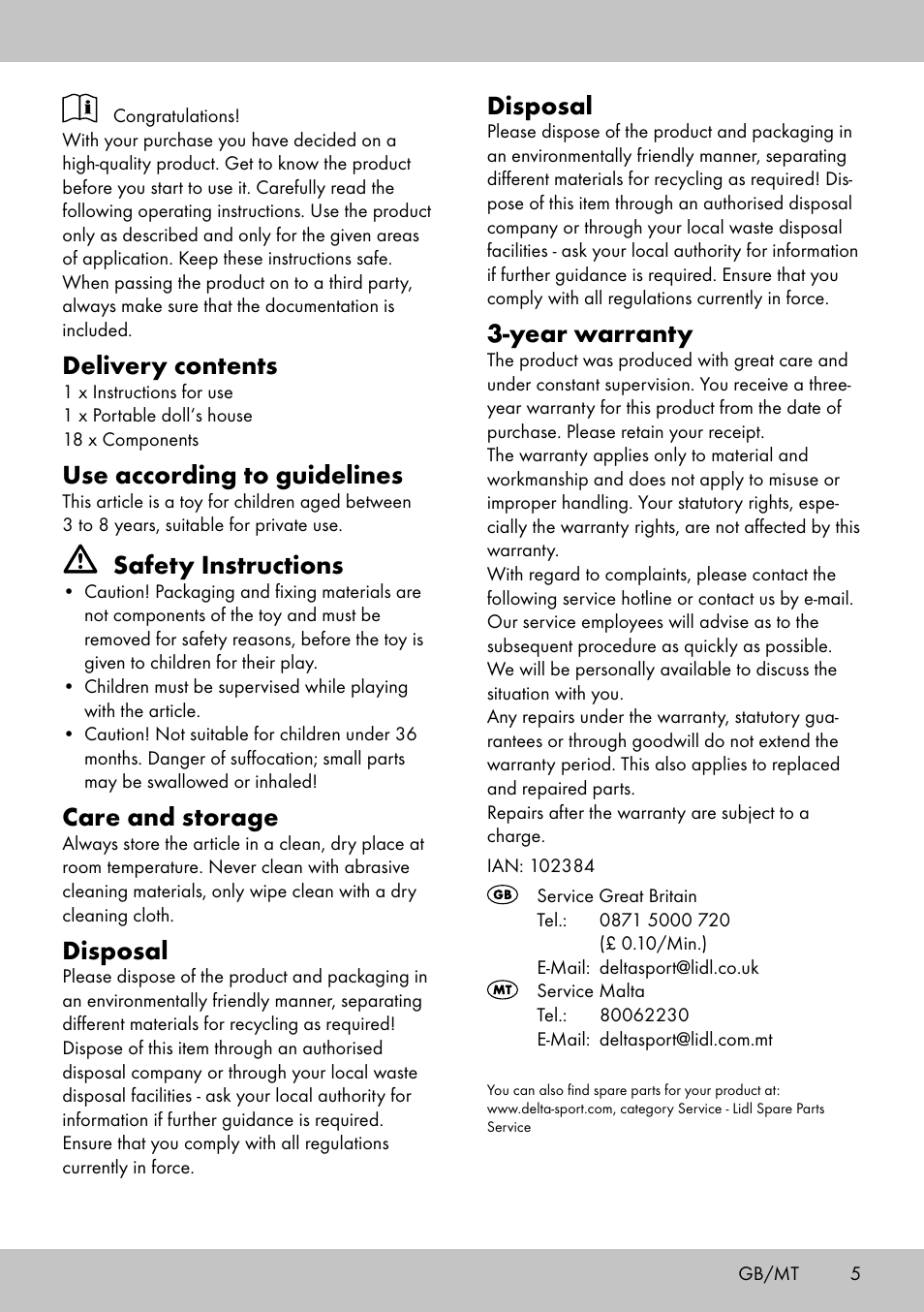 Delivery contents, Use according to guidelines, Safety instructions | Care and storage, Disposal, Year warranty | Playtive PORTABLE DOLL‘S HOUSE User Manual | Page 5 / 8
