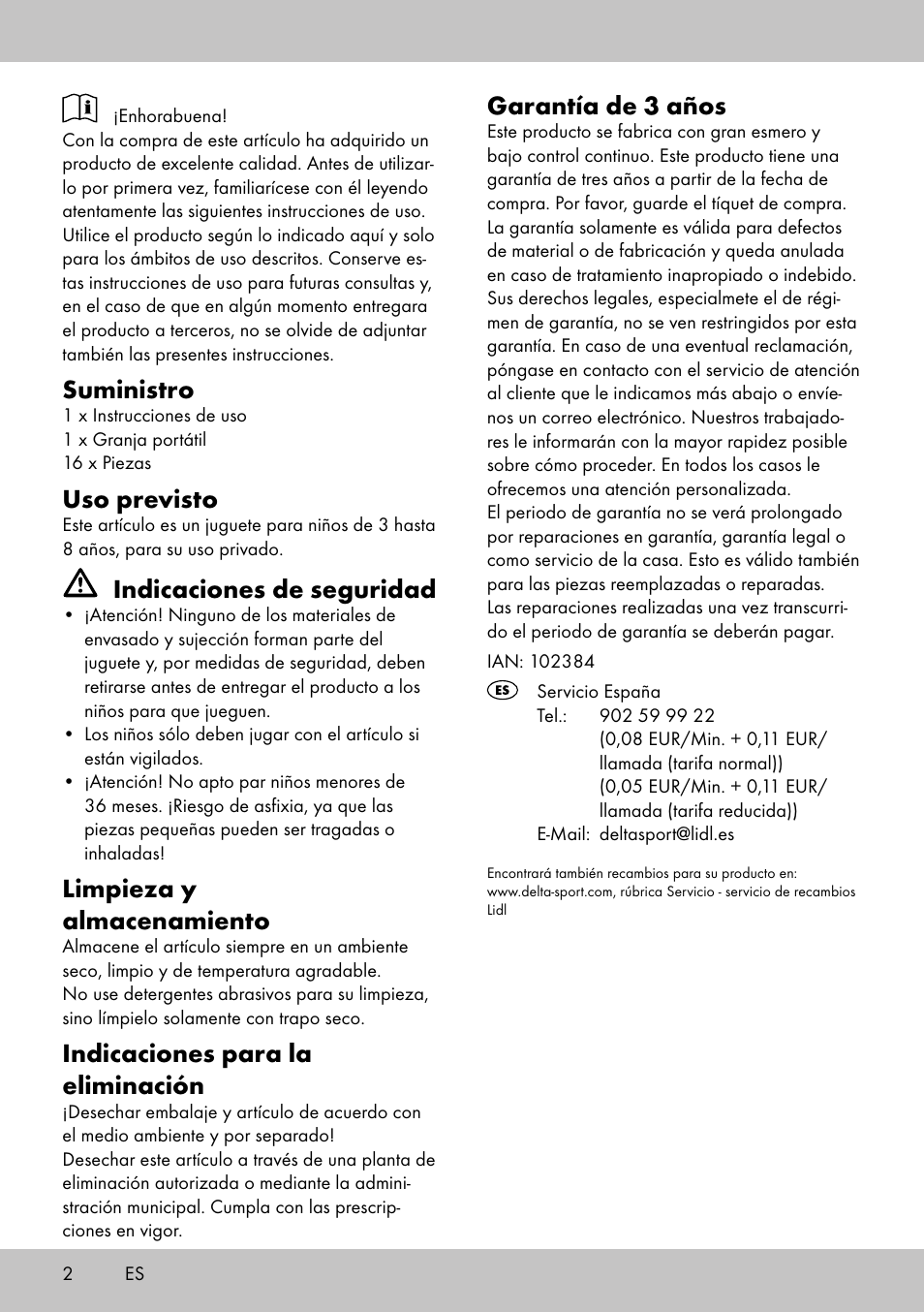 Suministro, Uso previsto, Indicaciones de seguridad | Limpieza y almacenamiento, Indicaciones para la eliminación, Garantía de 3 años | Playtive Portable farmhouse User Manual | Page 2 / 8