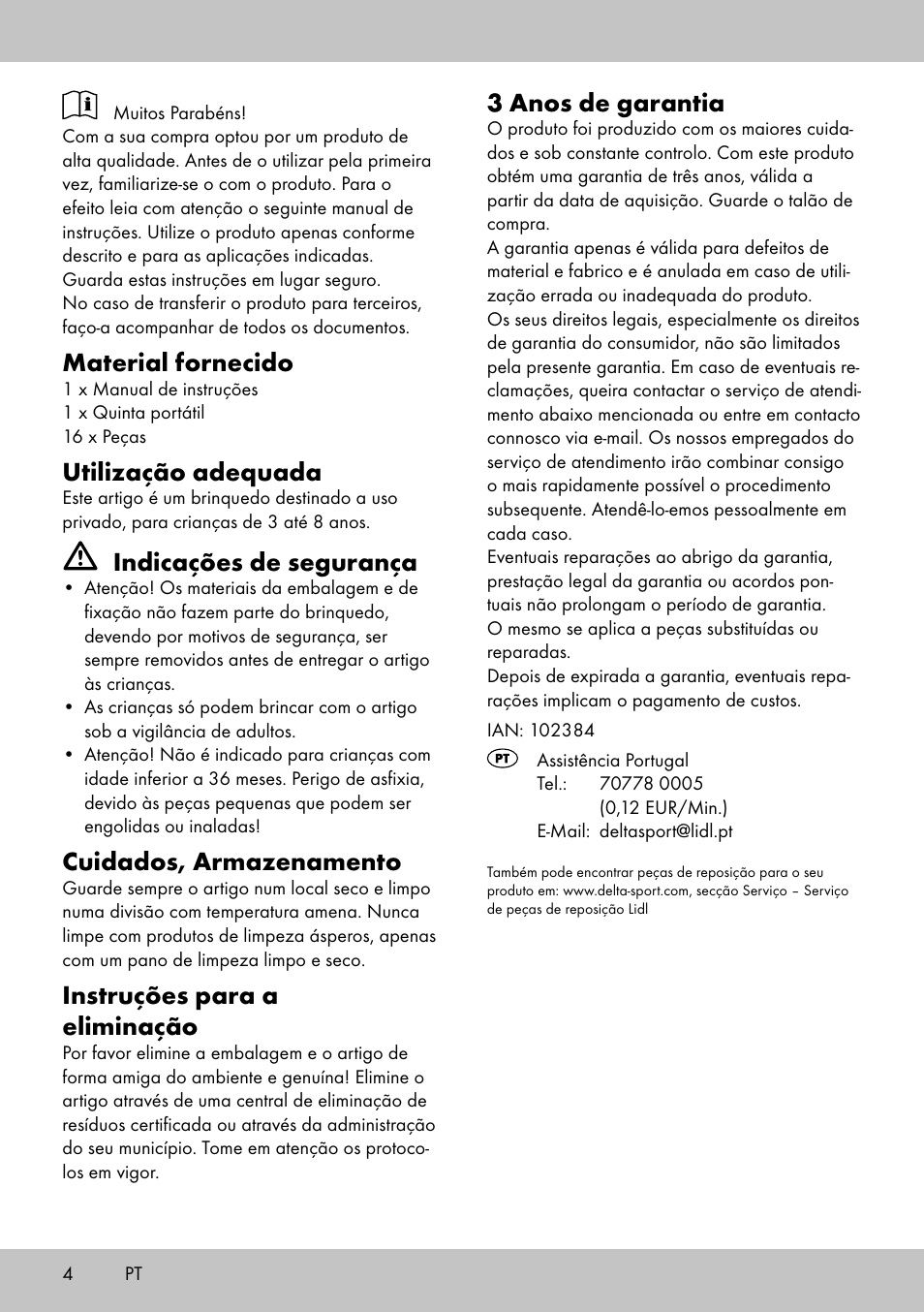 Material fornecido, Utilização adequada, Indicações de segurança | Cuidados, armazenamento, Instruções para a eliminação, 3 anos de garantia | Playtive Portable farmhouse User Manual | Page 4 / 8