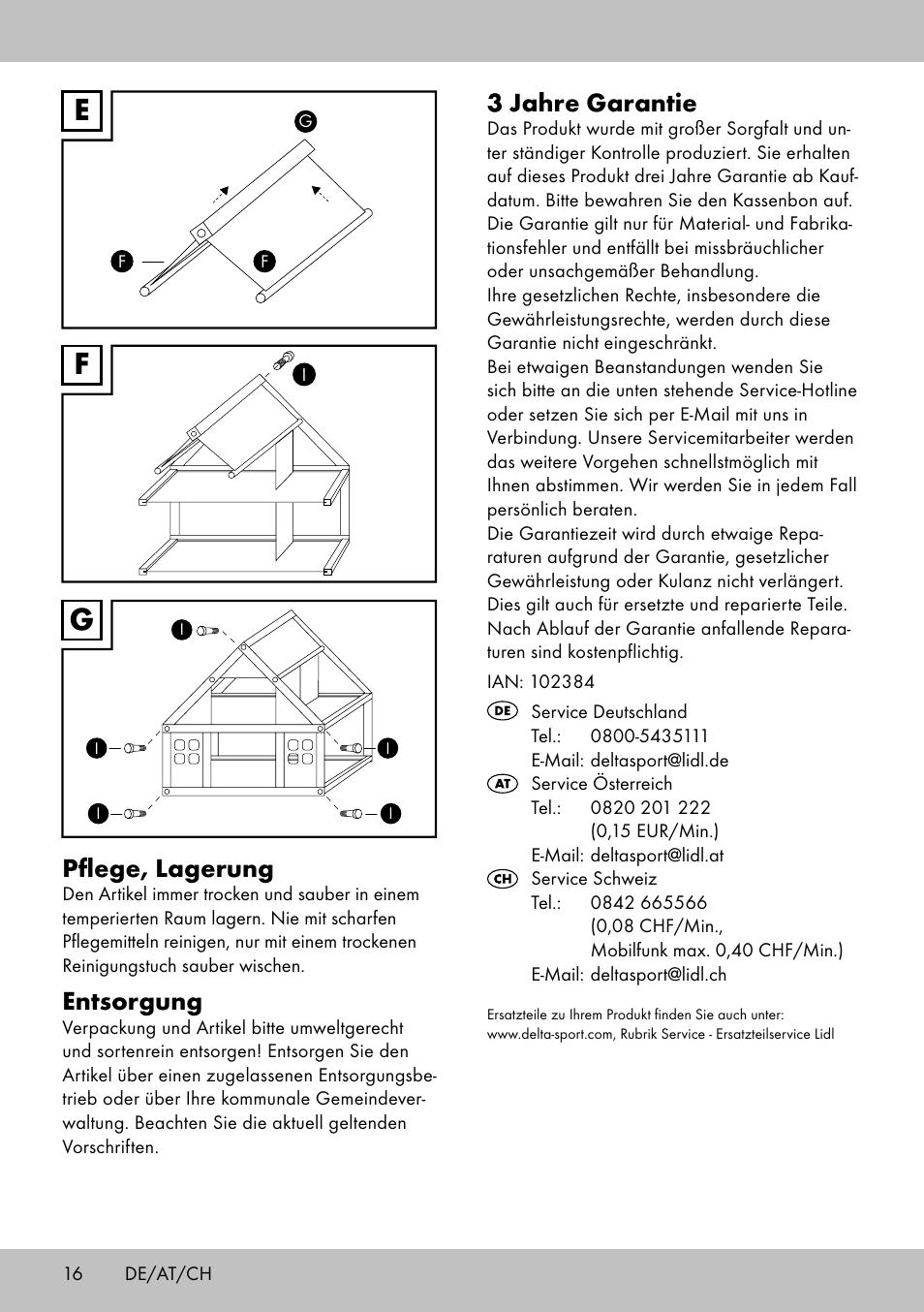 Fe g, 3 jahre garantie, Pflege, lagerung | Entsorgung | Playtive Doll‘s House User Manual | Page 16 / 20
