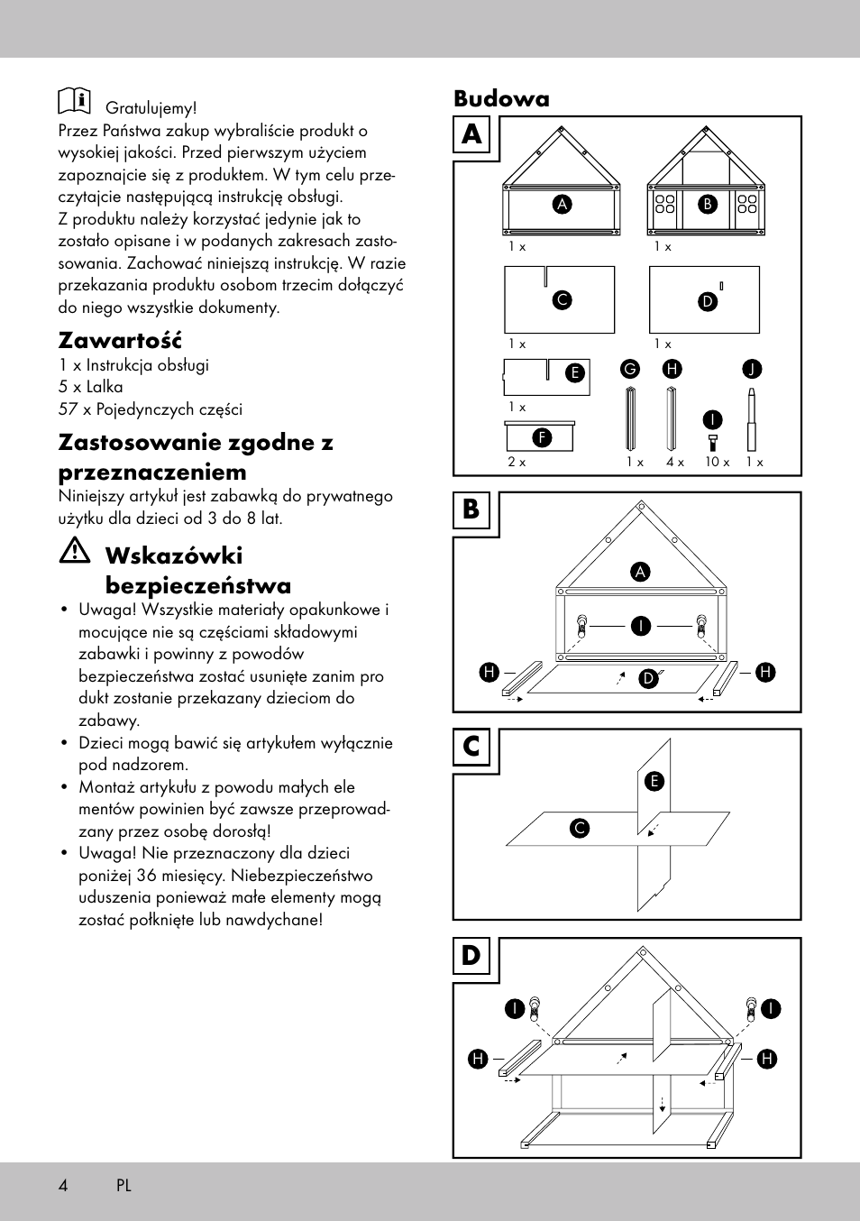 Bc d a, Zawartość, Zastosowanie zgodne z przeznaczeniem | Wskazówki bezpieczeństwa, Budowa | Playtive Doll‘s House User Manual | Page 4 / 20