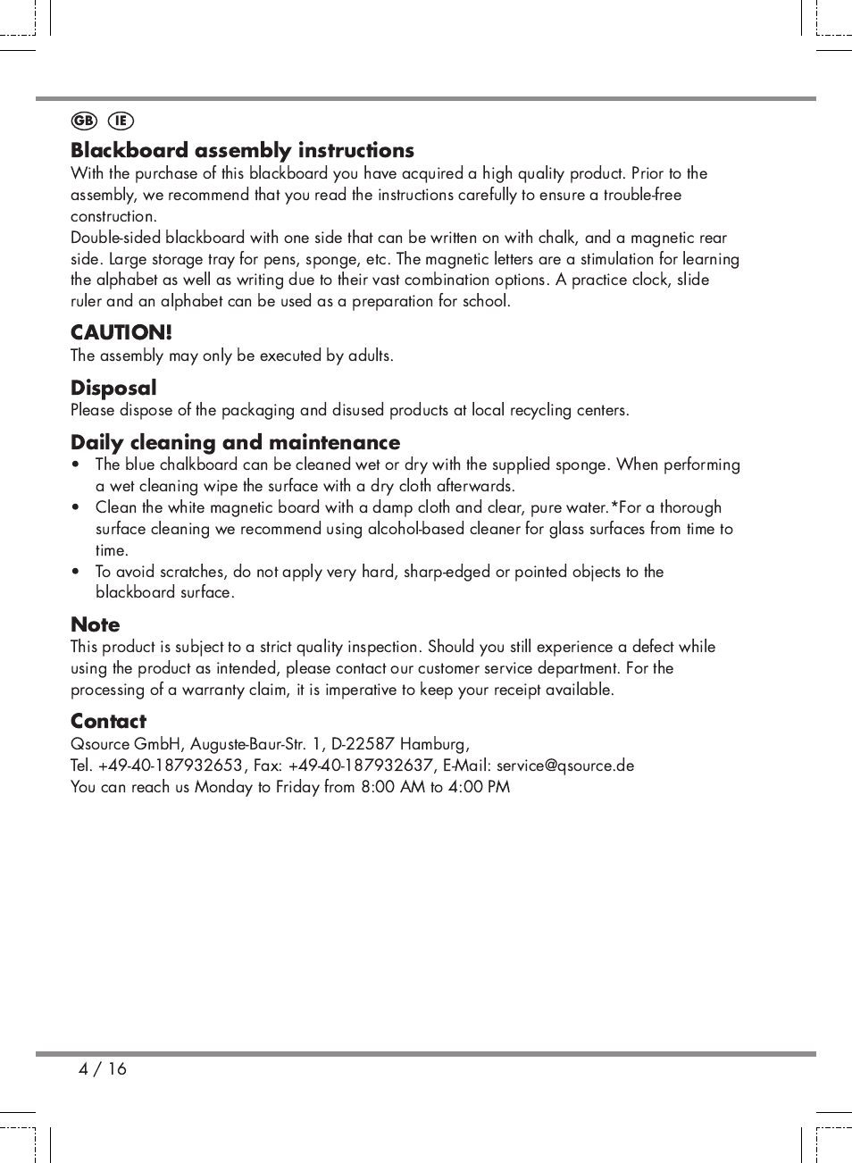 Blackboard assembly instructions, Caution, Disposal | Daily cleaning and maintenance, Contact | Playtive Kids' Easel User Manual | Page 4 / 16