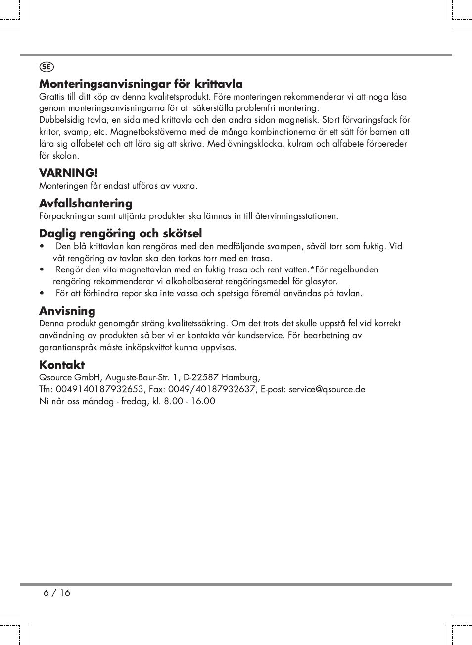 Monteringsanvisningar för krittavla, Varning, Avfallshantering | Daglig rengöring och skötsel, Anvisning, Kontakt | Playtive Kids' Easel User Manual | Page 6 / 16