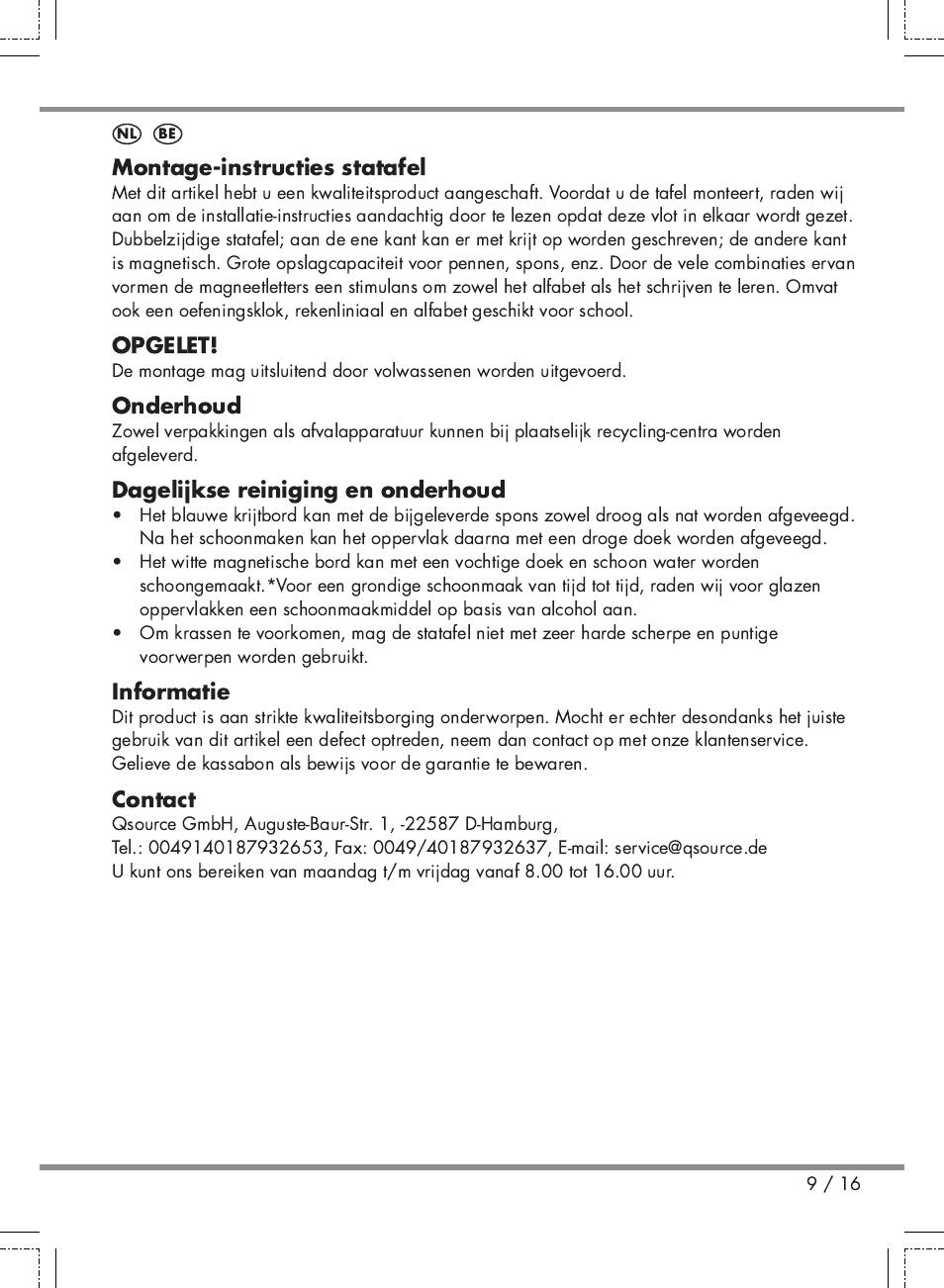 Montageinstructies statafel, Opgelet, Onderhoud | Dagelijkse reiniging en onderhoud, Informatie, Contact | Playtive Kids' Easel User Manual | Page 9 / 16