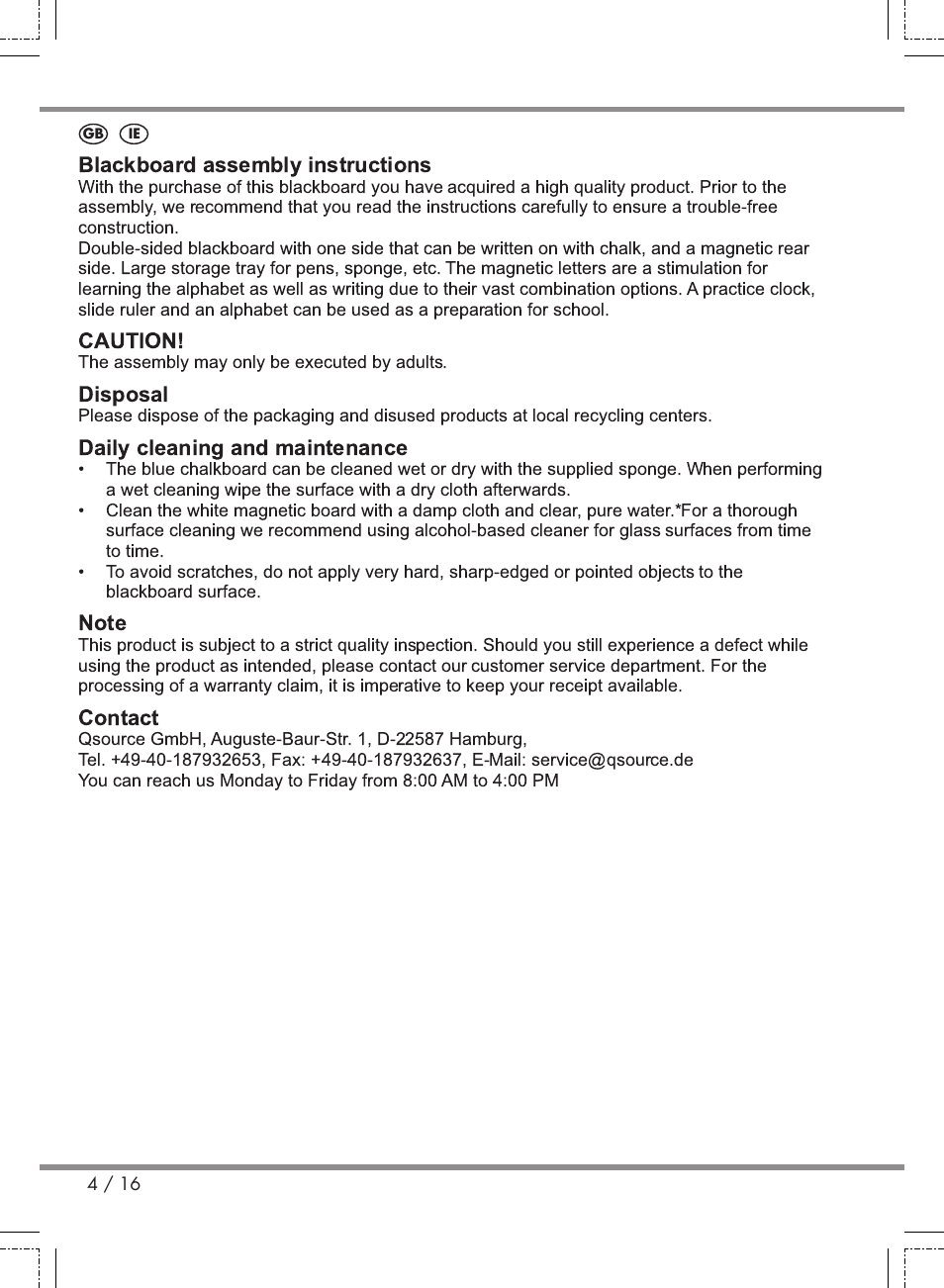 Blackboard assembly instructions, Caution, Disposal | Daily cleaning and maintenance, Contact | Playtive Kids' Easel User Manual | Page 4 / 16