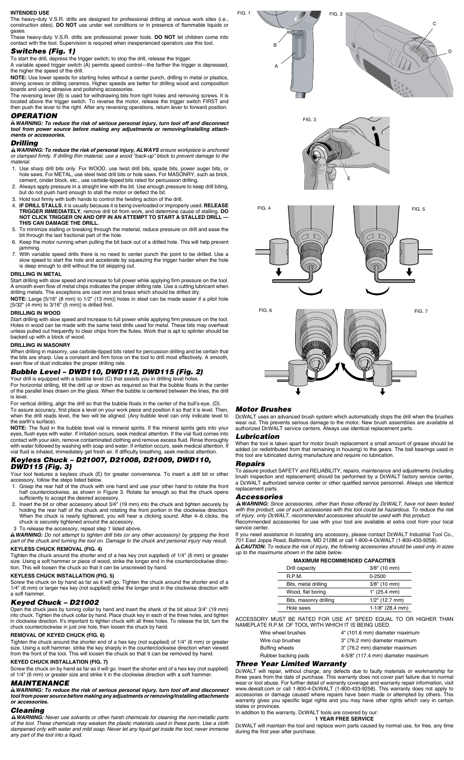 Switches (fig. 1), Operation, Drilling | Maintenance, Cleaning, Motor brushes, Lubrication, Repairs, Accessories, Three year limited warranty | DeWalt D21007 User Manual | Page 2 / 7