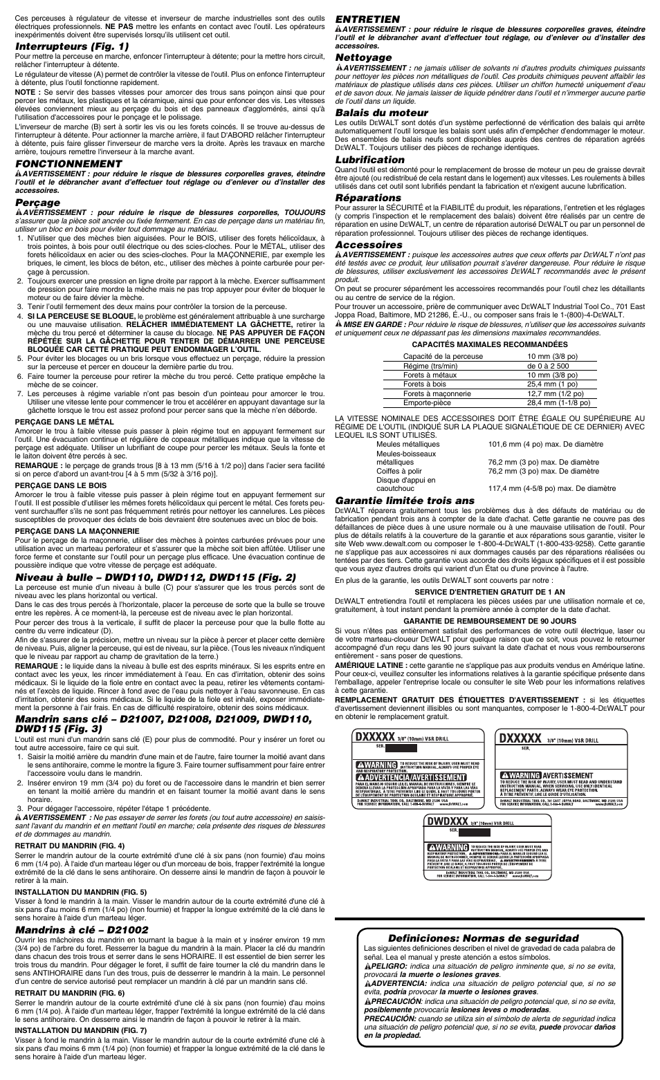 Interrupteurs (fig. 1), Fonctionnement, Perçage | Entretien, Nettoyage, Balais du moteur, Lubrification, Réparations, Accessoires, Garantie limitée trois ans | DeWalt D21007 User Manual | Page 4 / 7