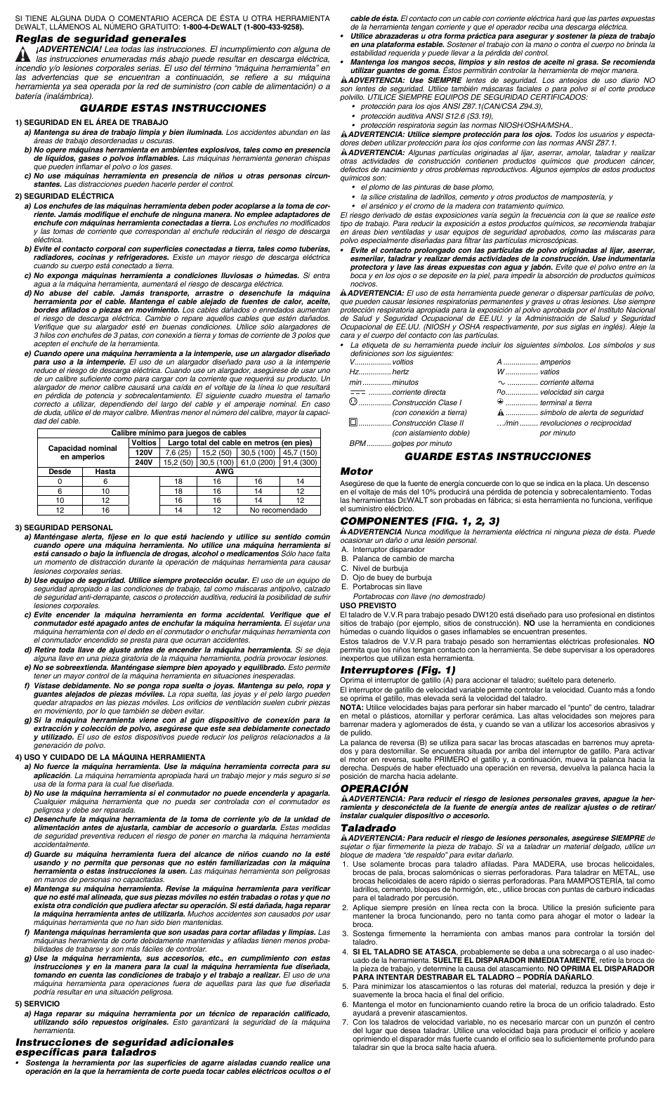 Guarde estas instrucciones motor, Componentes (fig. 1, 2, 3), Interruptores (fig. 1) | Operación, Taladrado, Reglas de seguridad generales, Guarde estas instrucciones | DeWalt D21007 User Manual | Page 5 / 7