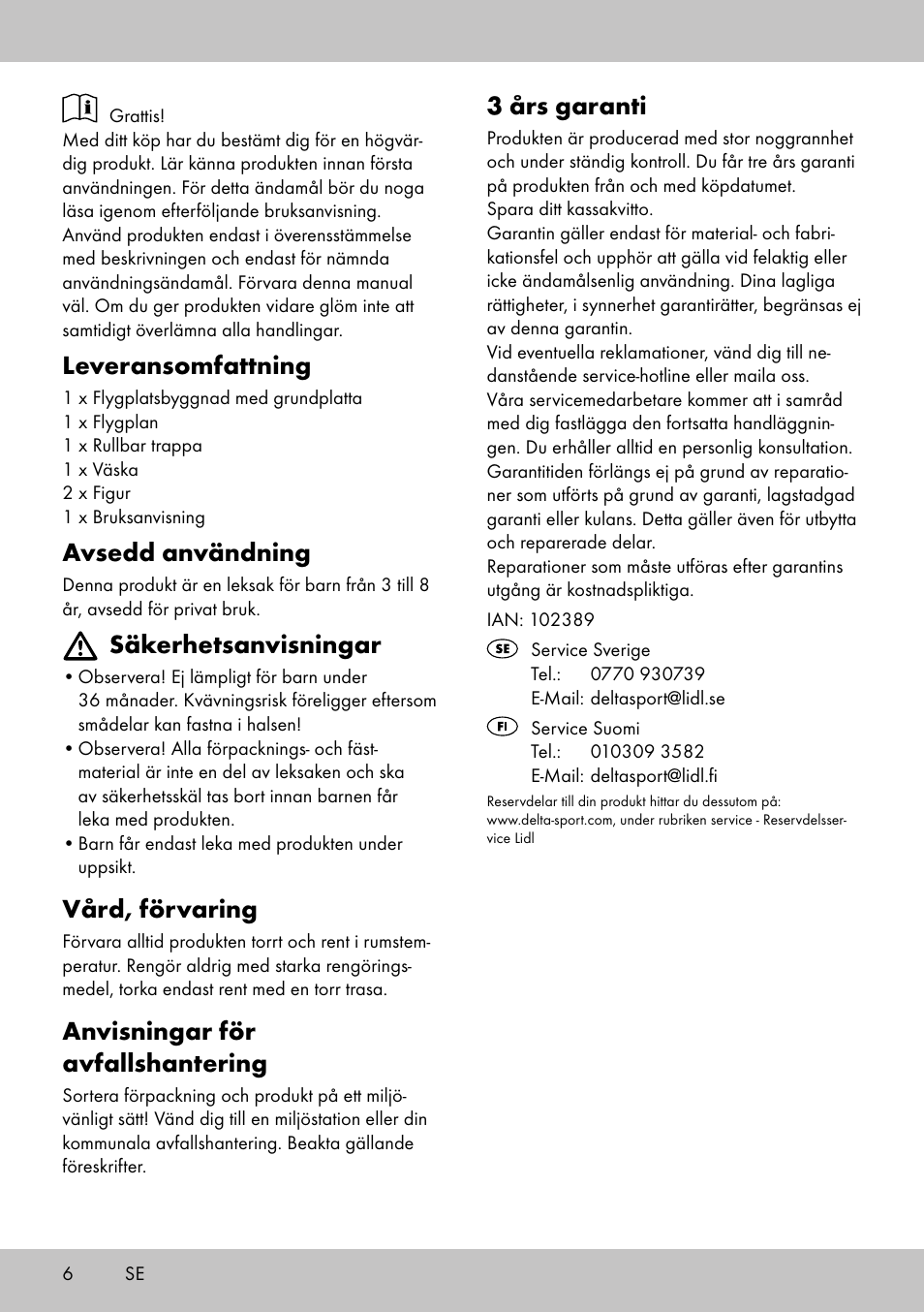 Leveransomfattning, Avsedd användning, Säkerhetsanvisningar | Vård, förvaring, Anvisningar för avfallshantering, 3 års garanti | Playtive AIRPORT User Manual | Page 6 / 12