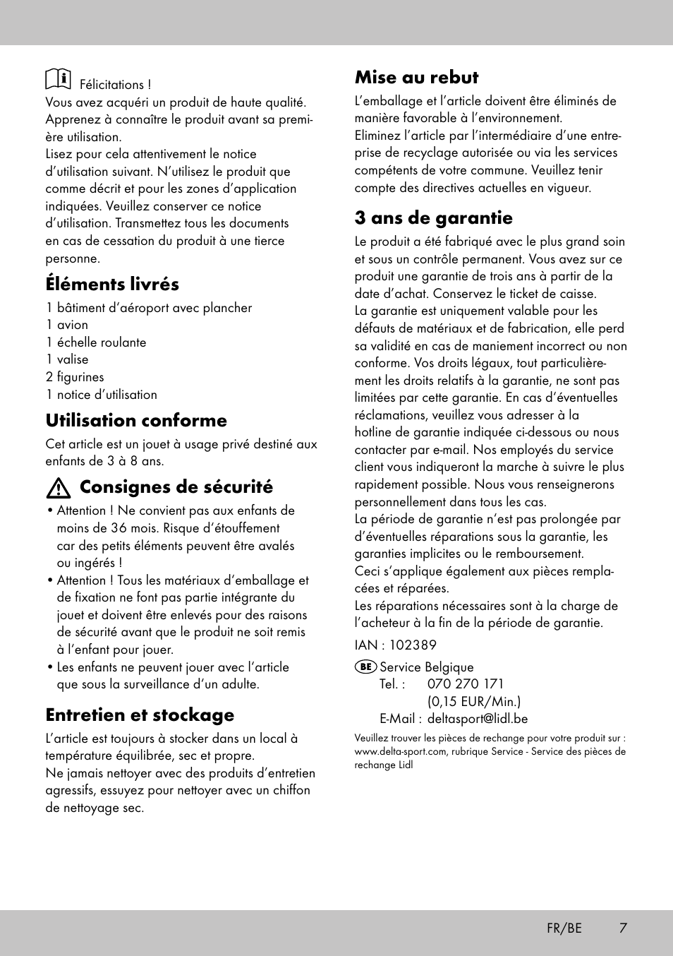 Mise au rebut, 3 ans de garantie, Éléments livrés | Utilisation conforme, Consignes de sécurité, Entretien et stockage | Playtive AIRPORT User Manual | Page 7 / 12