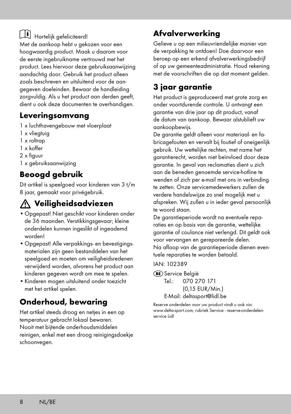 Leveringsomvang, Beoogd gebruik, Veiligheidsadviezen | Onderhoud, bewaring, Afvalverwerking, 3 jaar garantie | Playtive AIRPORT User Manual | Page 8 / 12