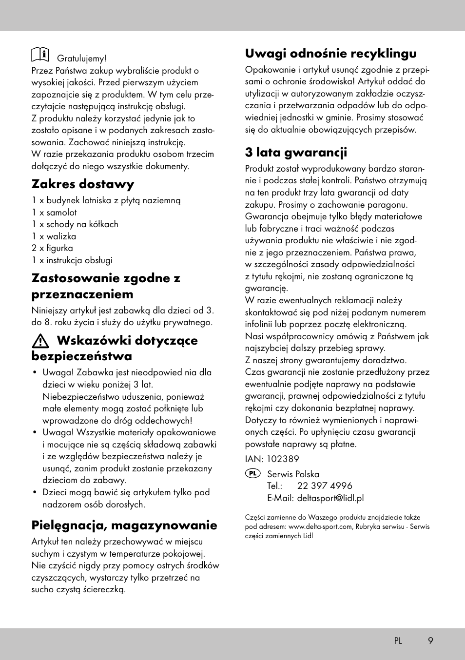 Zakres dostawy, Zastosowanie zgodne z przeznaczeniem, Wskazówki dotyczące bezpieczeństwa | Pielęgnacja, magazynowanie, Uwagi odnośnie recyklingu, 3 lata gwarancji | Playtive AIRPORT User Manual | Page 9 / 12