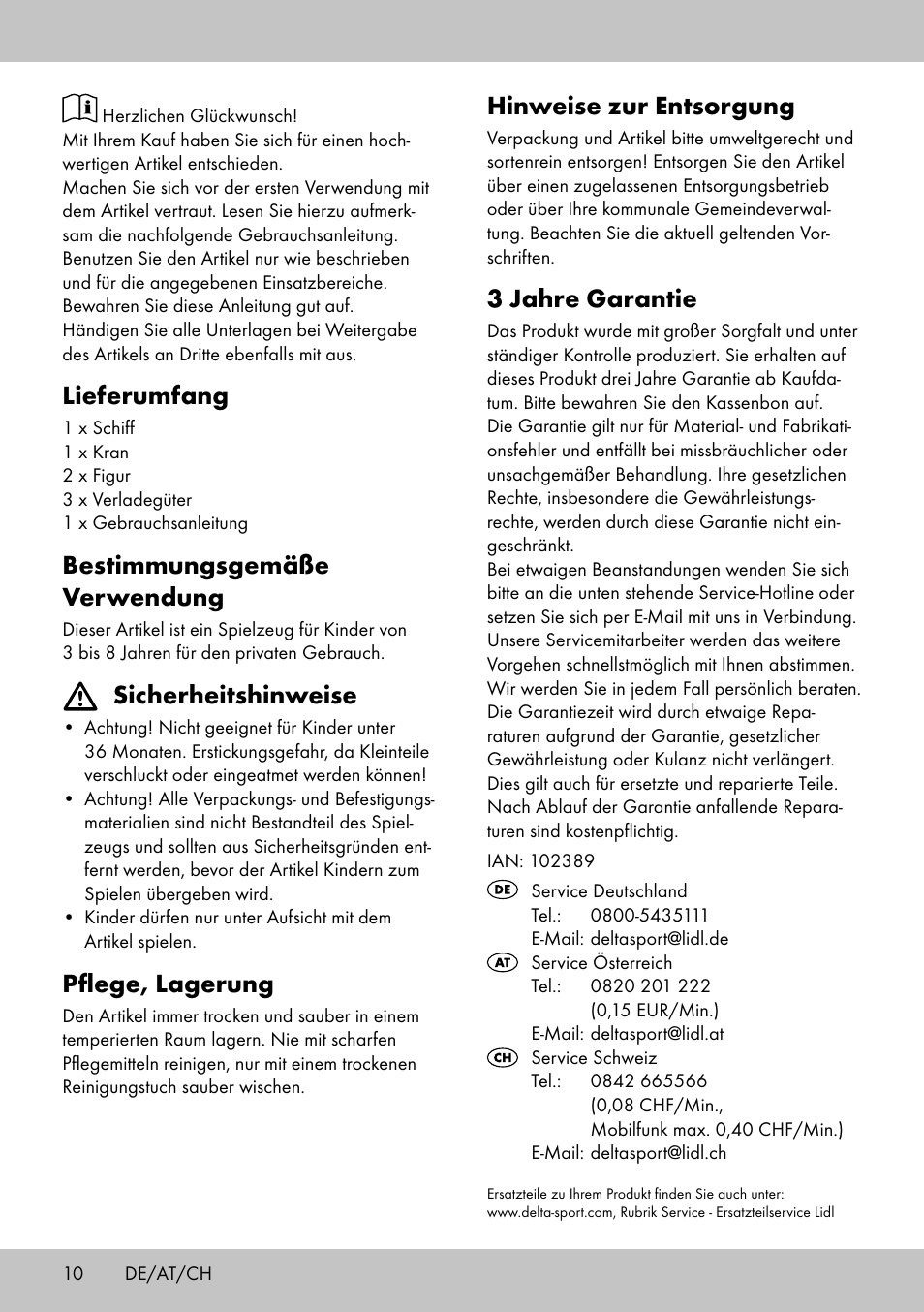 Lieferumfang, Bestimmungsgemäße verwendung, Sicherheitshinweise | Pflege, lagerung, Hinweise zur entsorgung, 3 jahre garantie | Playtive HARBOUR User Manual | Page 10 / 12