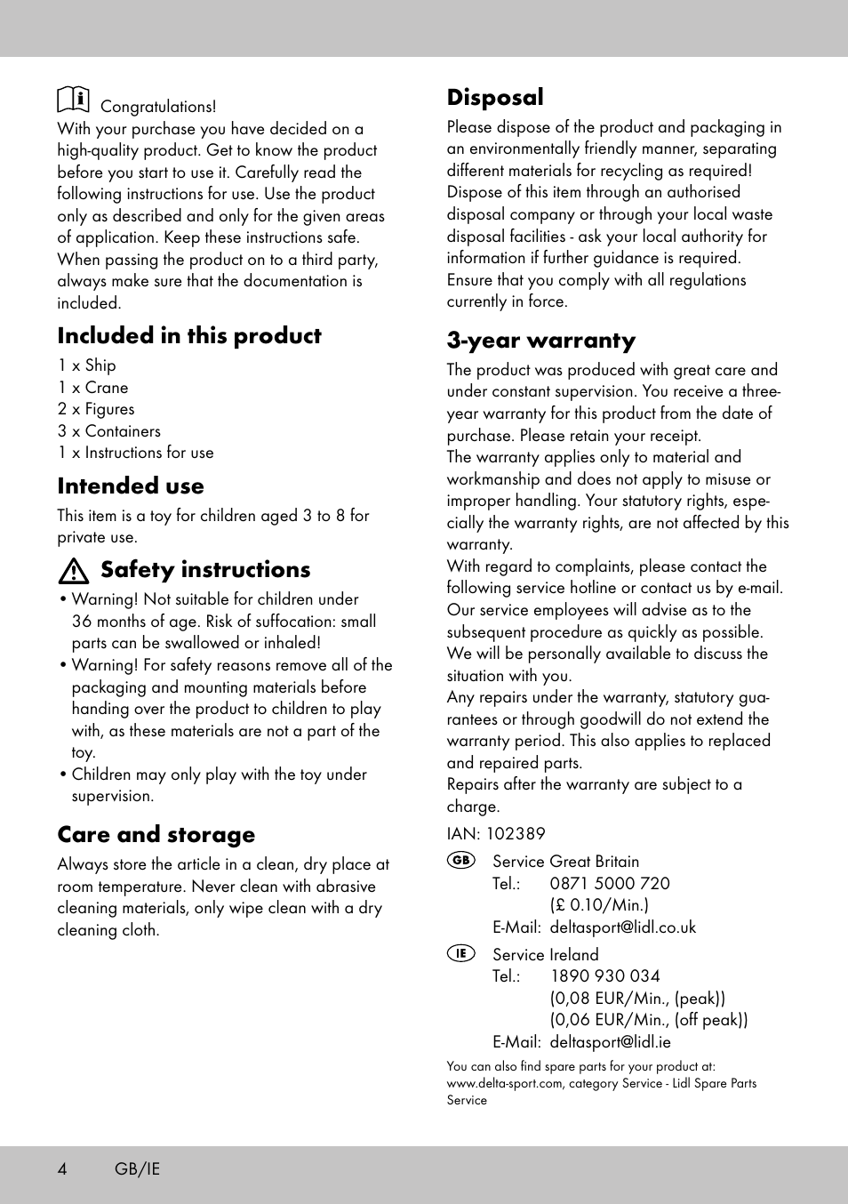 Disposal, Year warranty, Included in this product | Intended use, Safety instructions, Care and storage | Playtive HARBOUR User Manual | Page 4 / 12