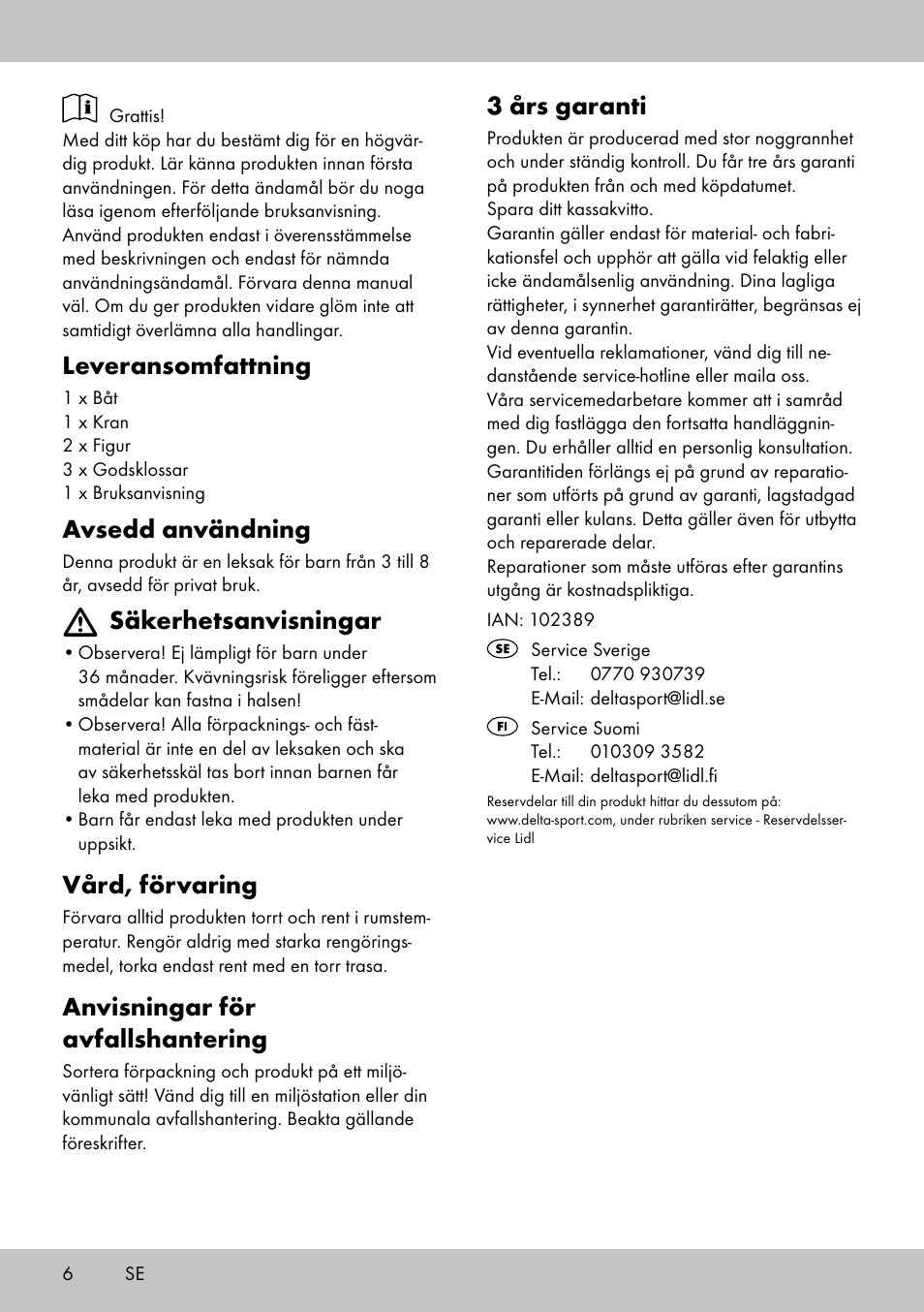 Leveransomfattning, Avsedd användning, Säkerhetsanvisningar | Vård, förvaring, Anvisningar för avfallshantering, 3 års garanti | Playtive HARBOUR User Manual | Page 6 / 12