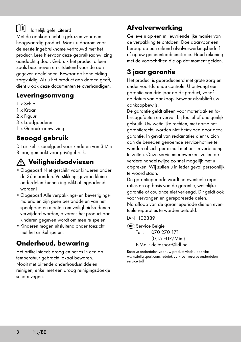 Leveringsomvang, Beoogd gebruik, Veiligheidsadviezen | Onderhoud, bewaring, Afvalverwerking, 3 jaar garantie | Playtive HARBOUR User Manual | Page 8 / 12