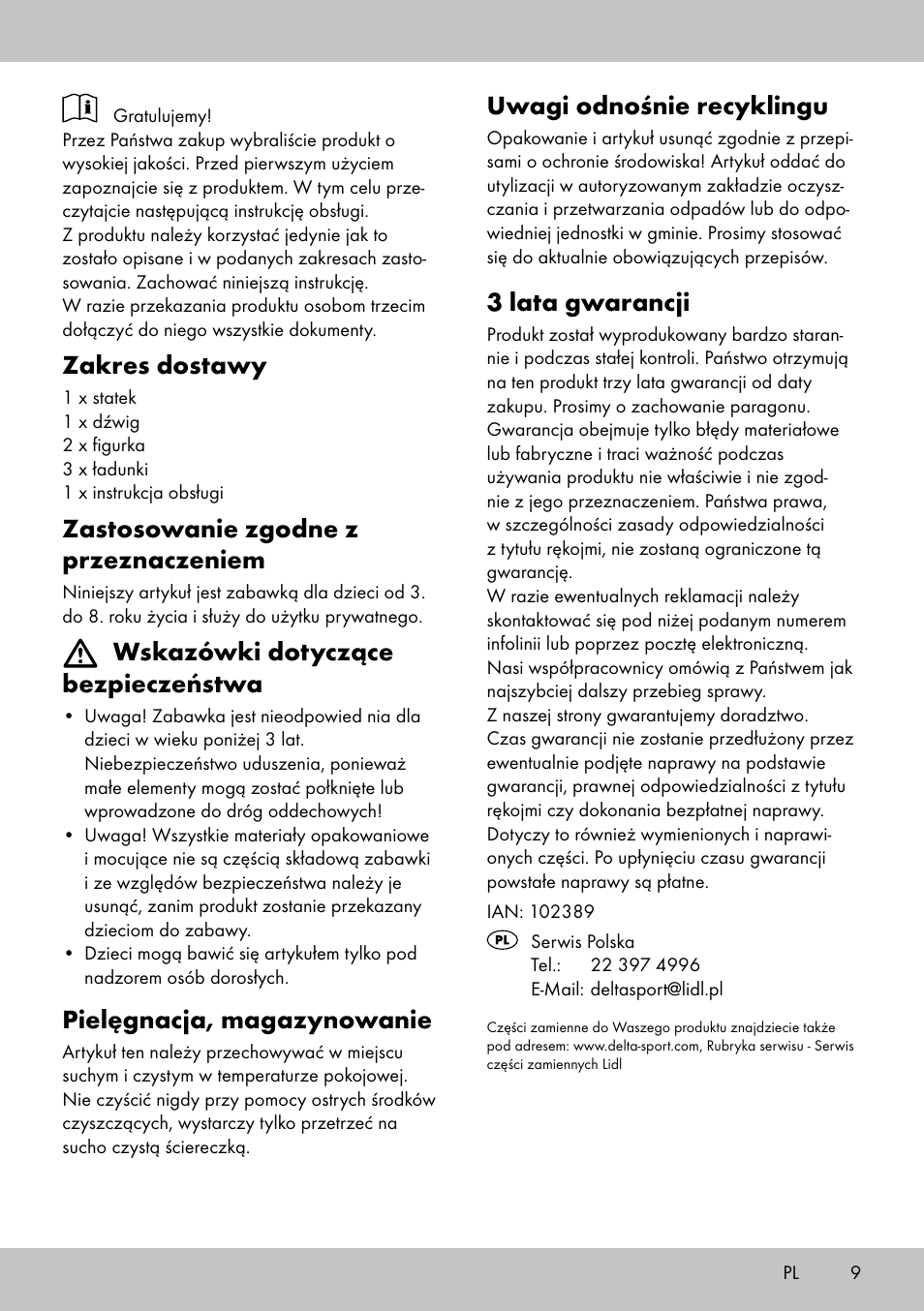 Zakres dostawy, Zastosowanie zgodne z przeznaczeniem, Wskazówki dotyczące bezpieczeństwa | Pielęgnacja, magazynowanie, Uwagi odnośnie recyklingu, 3 lata gwarancji | Playtive HARBOUR User Manual | Page 9 / 12