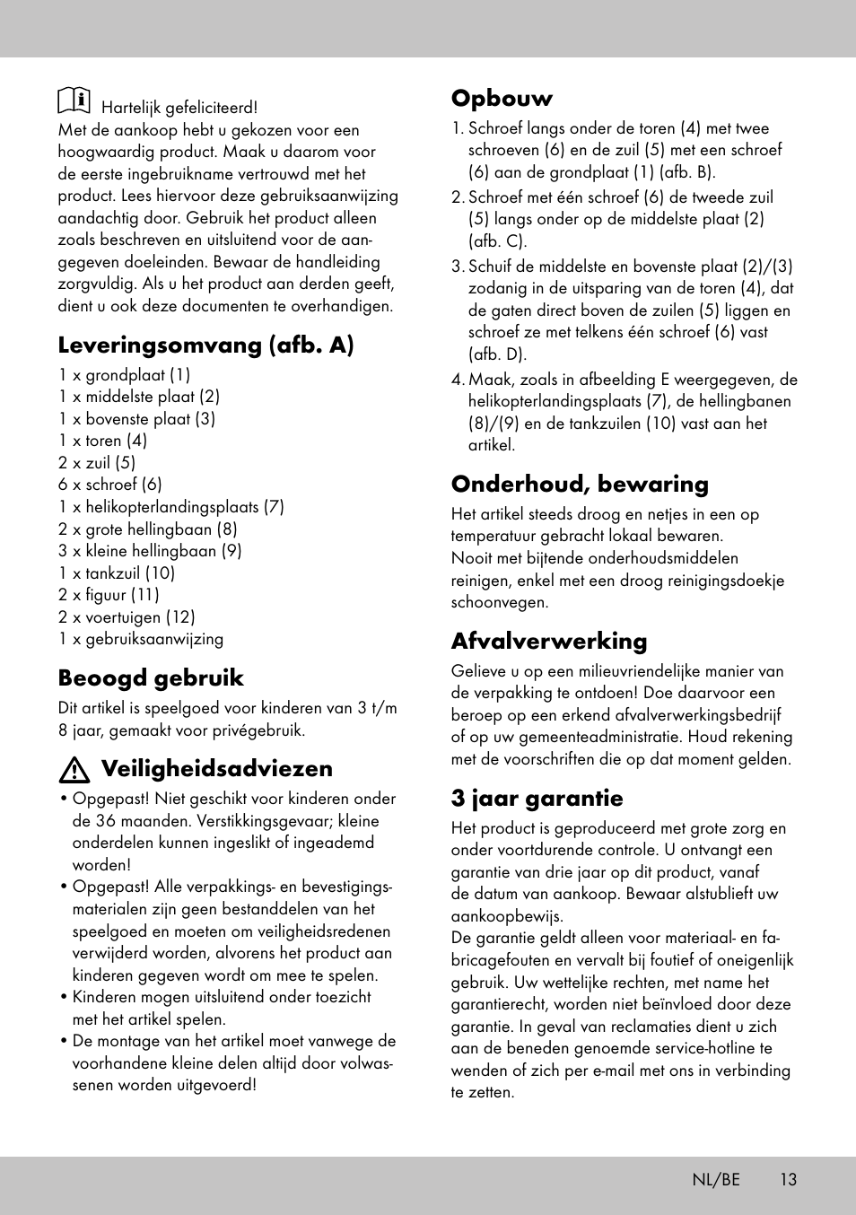 Leveringsomvang (afb. a), Beoogd gebruik, Veiligheidsadviezen | Opbouw, Onderhoud, bewaring, Afvalverwerking, 3 jaar garantie | Playtive CAR PARK User Manual | Page 11 / 18