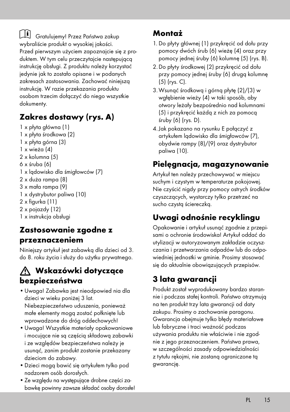 Zakres dostawy (rys. a), Zastosowanie zgodne z przeznaczeniem, Wskazówki dotyczące bezpieczeństwa | Montaż, Pielęgnacja, magazynowanie, Uwagi odnośnie recyklingu, 3 lata gwarancji | Playtive CAR PARK User Manual | Page 13 / 18