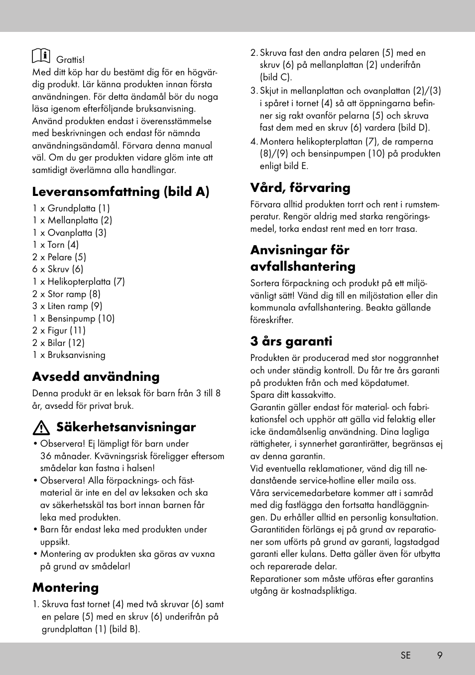 Leveransomfattning (bild a), Avsedd användning, Säkerhetsanvisningar | Montering, Vård, förvaring, Anvisningar för avfallshantering, 3 års garanti | Playtive CAR PARK User Manual | Page 7 / 18