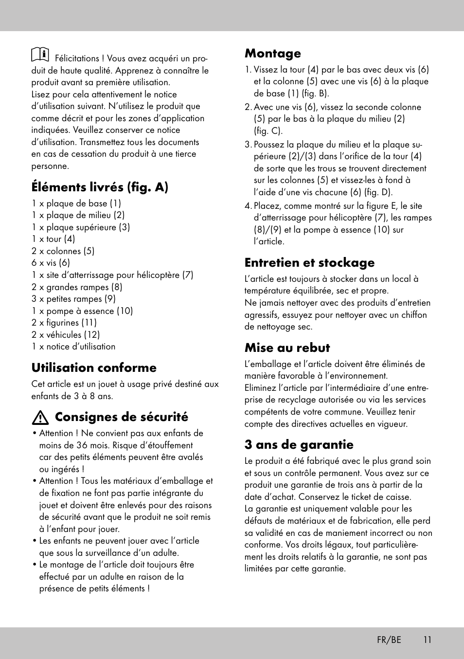 Montage, Entretien et stockage, Mise au rebut | 3 ans de garantie, Éléments livrés (fig. a), Utilisation conforme, Consignes de sécurité | Playtive CAR PARK User Manual | Page 9 / 18