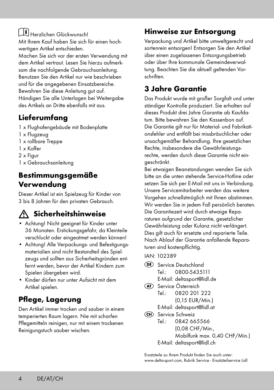 Lieferumfang, Bestimmungsgemäße verwendung, Sicherheitshinweise | Pflege, lagerung, Hinweise zur entsorgung, 3 jahre garantie | Playtive AIRPORT User Manual | Page 4 / 8