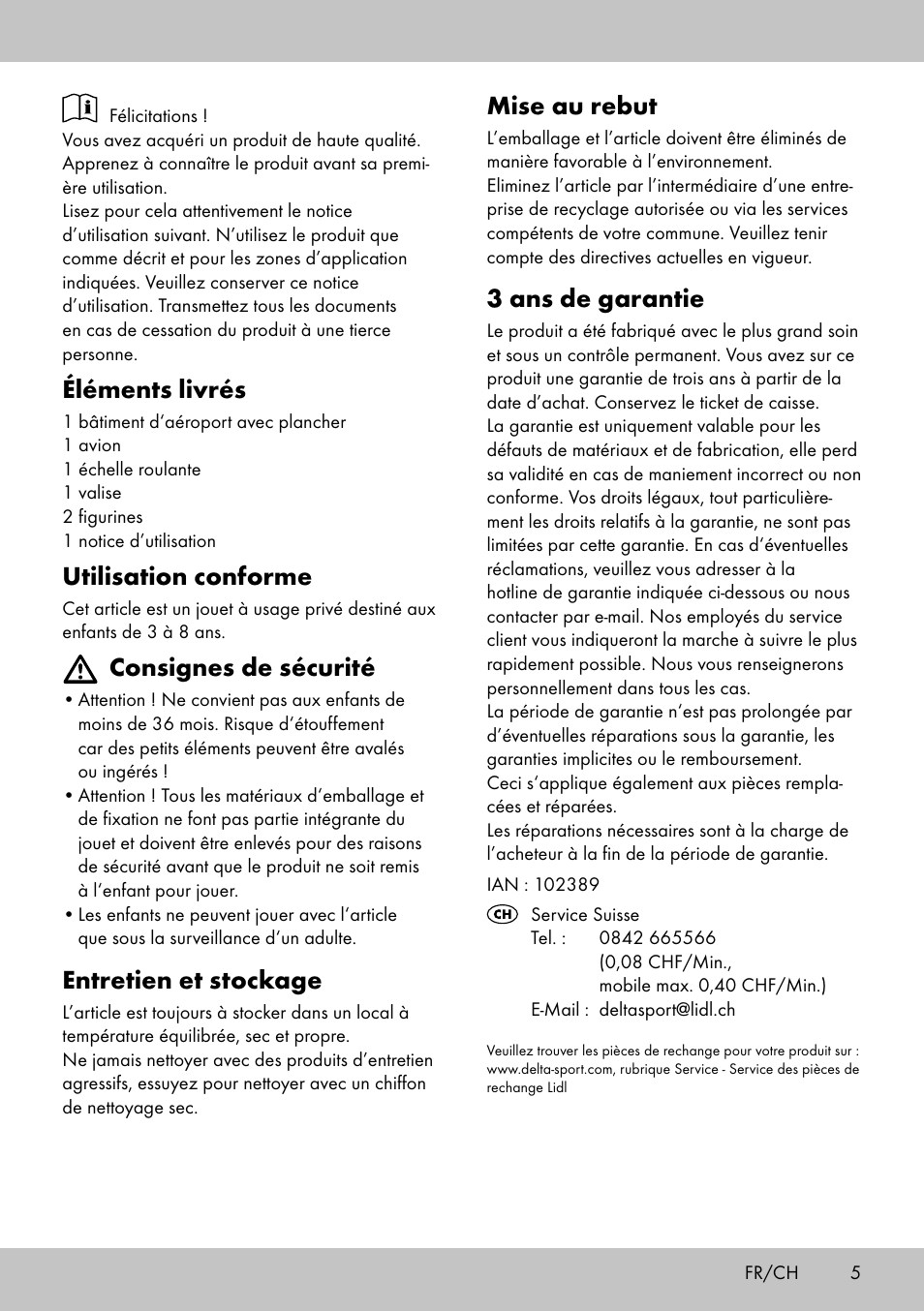 Mise au rebut, 3 ans de garantie, Éléments livrés | Utilisation conforme, Consignes de sécurité, Entretien et stockage | Playtive AIRPORT User Manual | Page 5 / 8