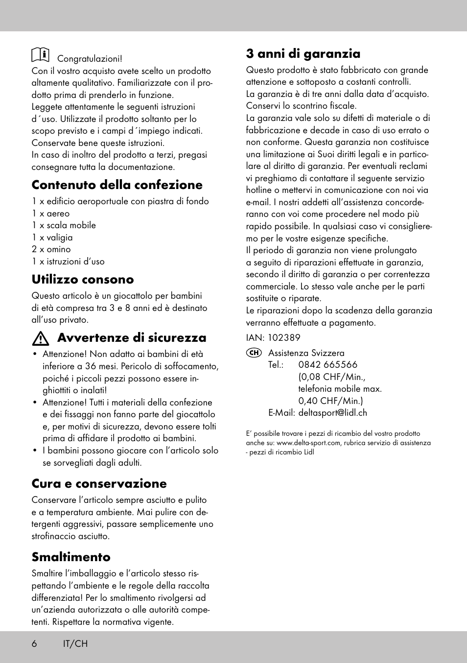 Contenuto della confezione, Utilizzo consono, Avvertenze di sicurezza | Cura e conservazione, Smaltimento, 3 anni di garanzia | Playtive AIRPORT User Manual | Page 6 / 8