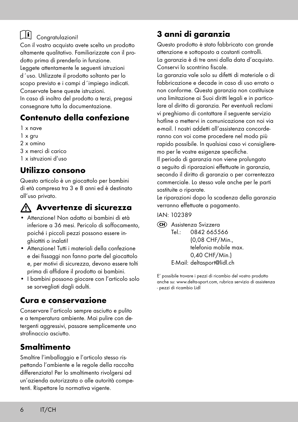 Contenuto della confezione, Utilizzo consono, Avvertenze di sicurezza | Cura e conservazione, Smaltimento, 3 anni di garanzia | Playtive HARBOUR User Manual | Page 6 / 8