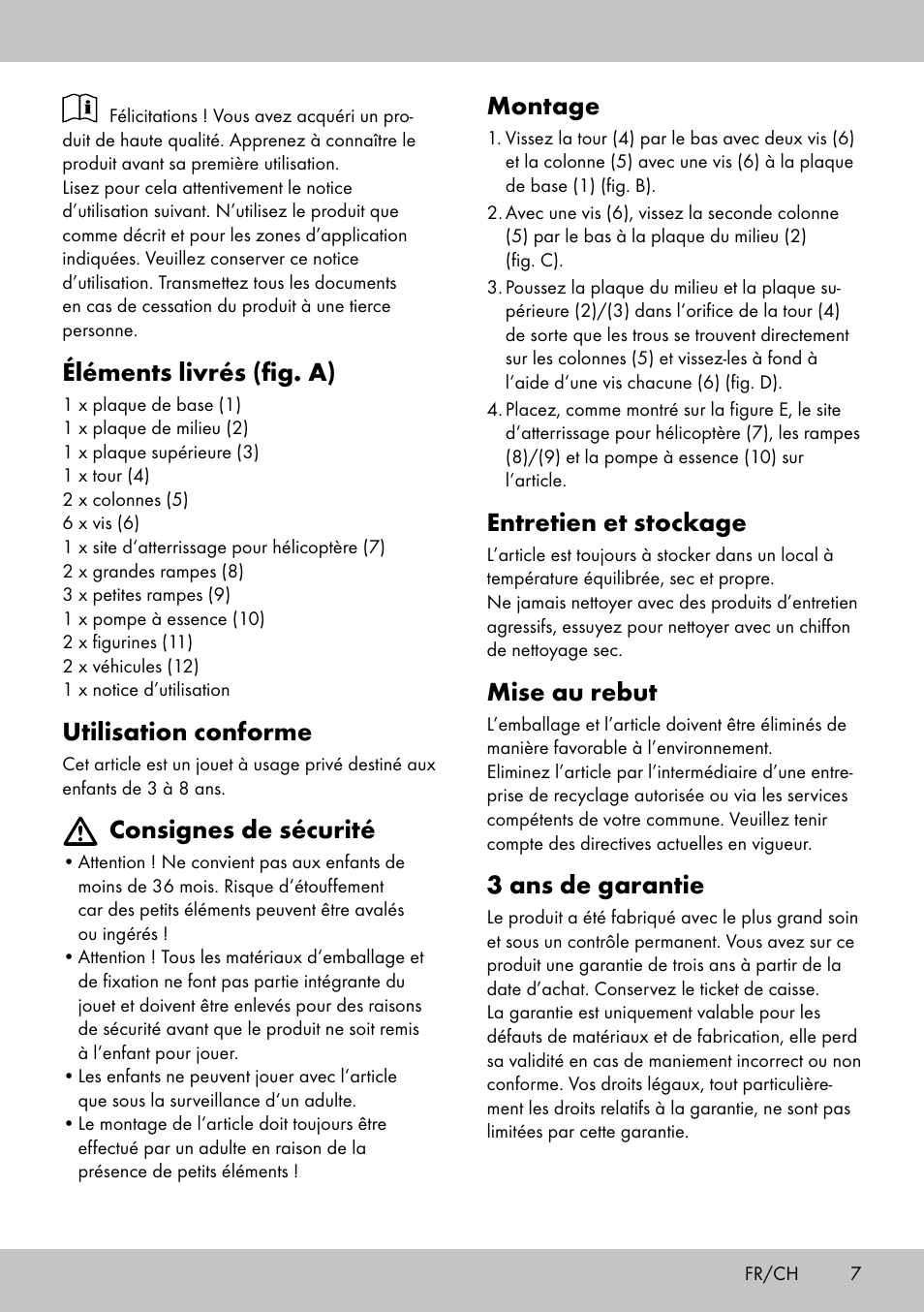 Montage, Entretien et stockage, Mise au rebut | 3 ans de garantie, Éléments livrés (fig. a), Utilisation conforme, Consignes de sécurité | Playtive CAR PARK User Manual | Page 5 / 10