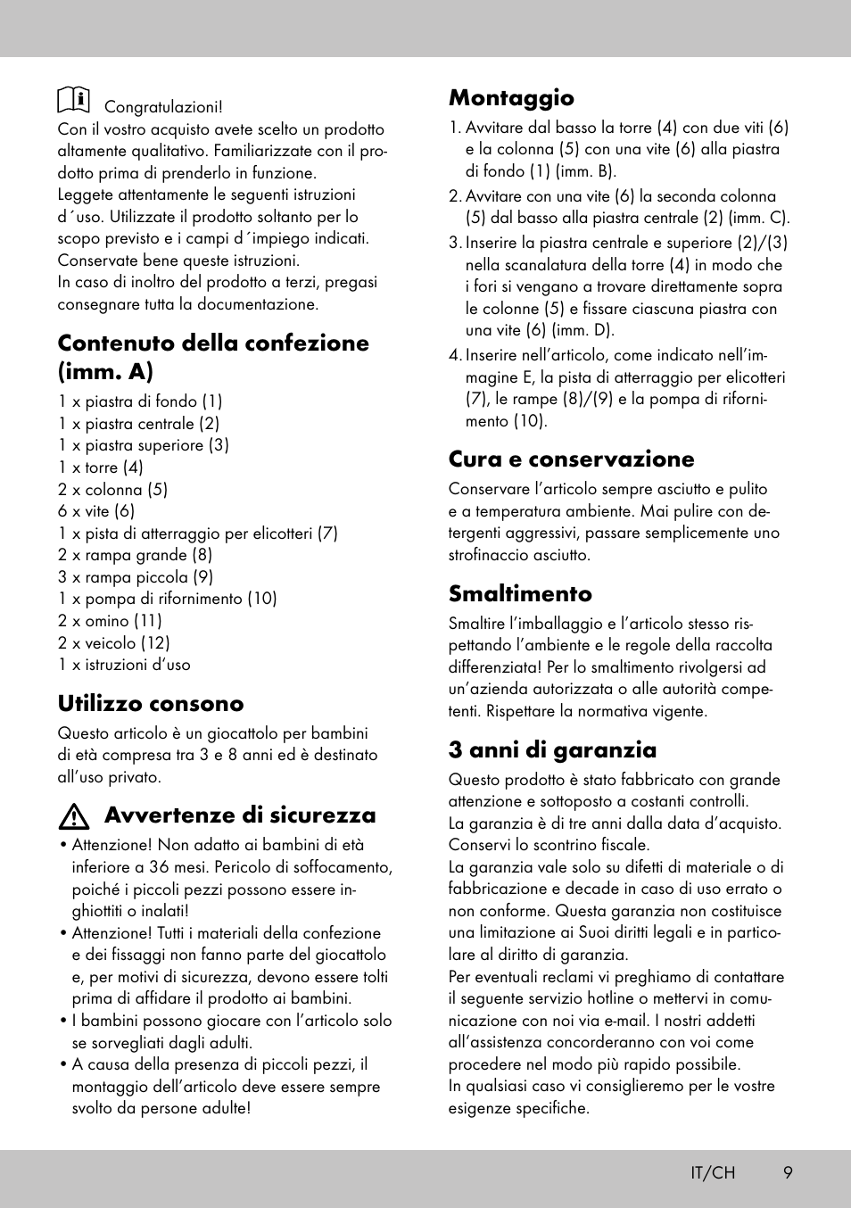 Contenuto della confezione (imm. a), Utilizzo consono, Avvertenze di sicurezza | Montaggio, Cura e conservazione, Smaltimento, 3 anni di garanzia | Playtive CAR PARK User Manual | Page 7 / 10