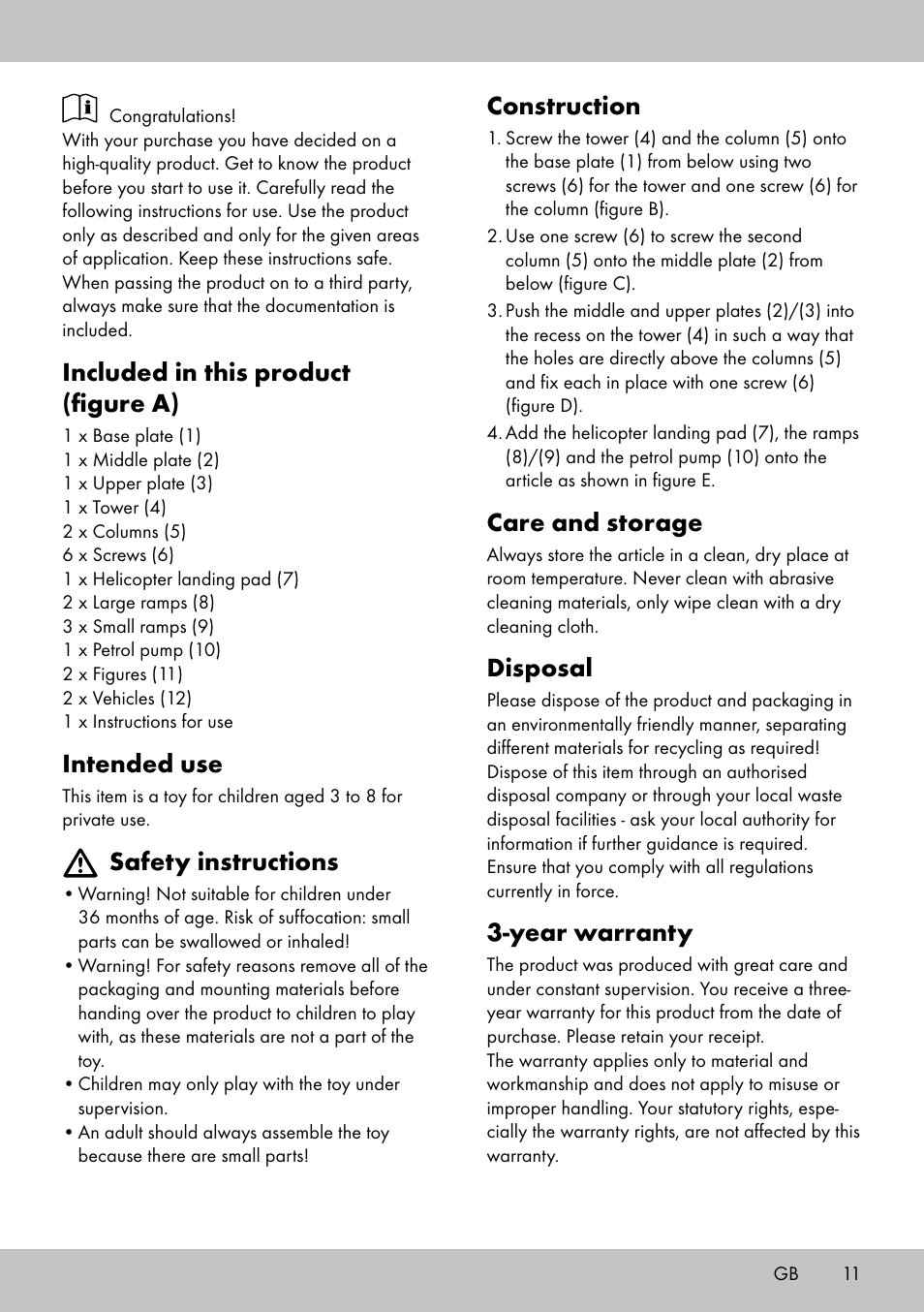 Construction, Care and storage, Disposal | Year warranty, Included in this product (figure a), Intended use, Safety instructions | Playtive CAR PARK User Manual | Page 9 / 10