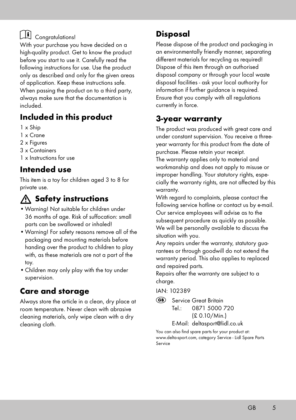 Disposal, Year warranty, Included in this product | Intended use, Safety instructions, Care and storage | Playtive HARBOUR User Manual | Page 5 / 8